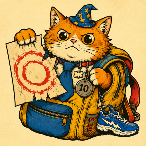Cease and Desist Cat: a bootleg cat wearing a wizard hat, a blue tie, a 10 tag and a dog collar, holding a misprinted certificate